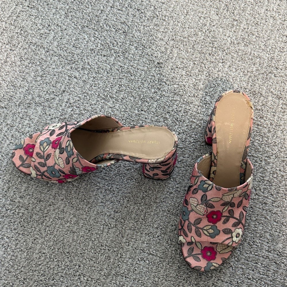 Stuart Weitzman Pink Floral Embroidered Block Heel Mules